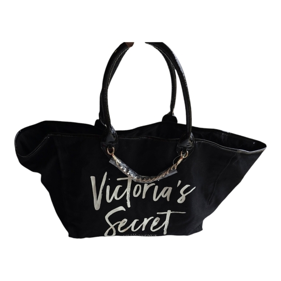 Victorias Secret Weekender Tote Shoulder Bag Gold Chain Black White Beach New - Picture 1 of 13